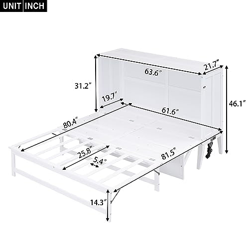 White Queen Size Wood Murphy Bed with Bookcase O4758