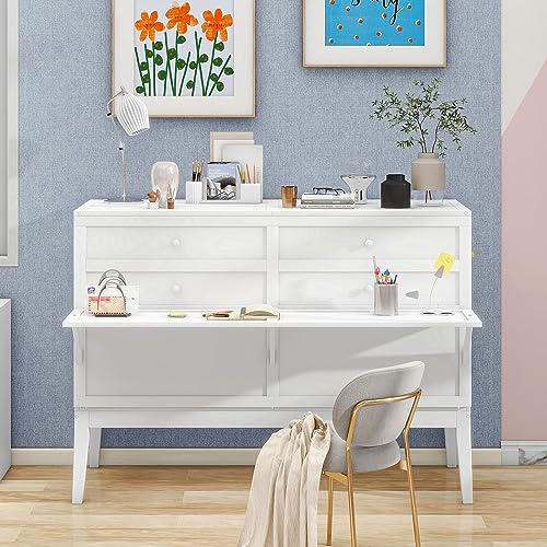 White Queen Size Wood Murphy Bed with Bookcase O4758