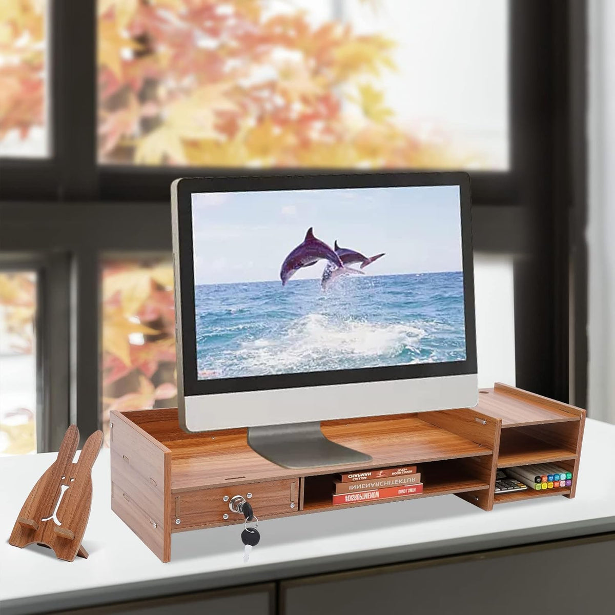 Wood Monitor Stand with Storage Drawers Q7004