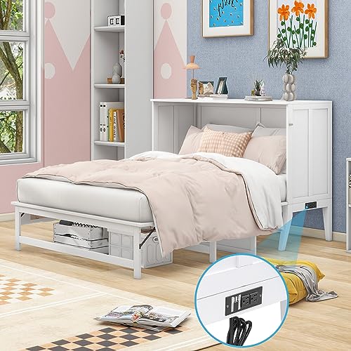 White Queen Size Wood Murphy Bed with Bookcase O4758