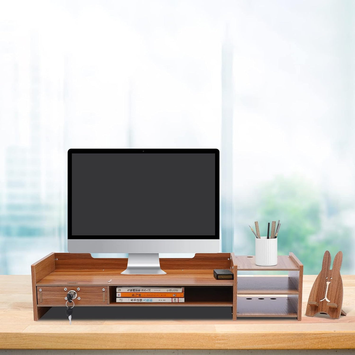 Wood Monitor Stand with Storage Drawers Q7004
